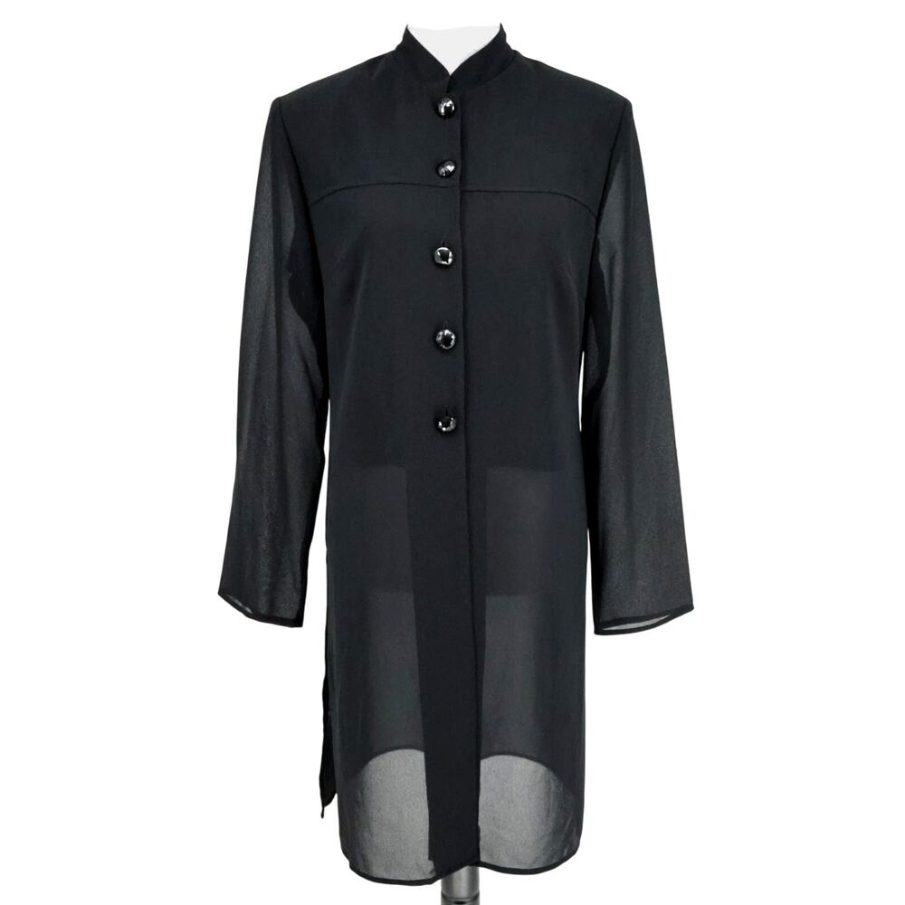 Donna Ricco Jacket Womens 8 Black Long Blazer Sheer Sleeves Shoulder Pads Career